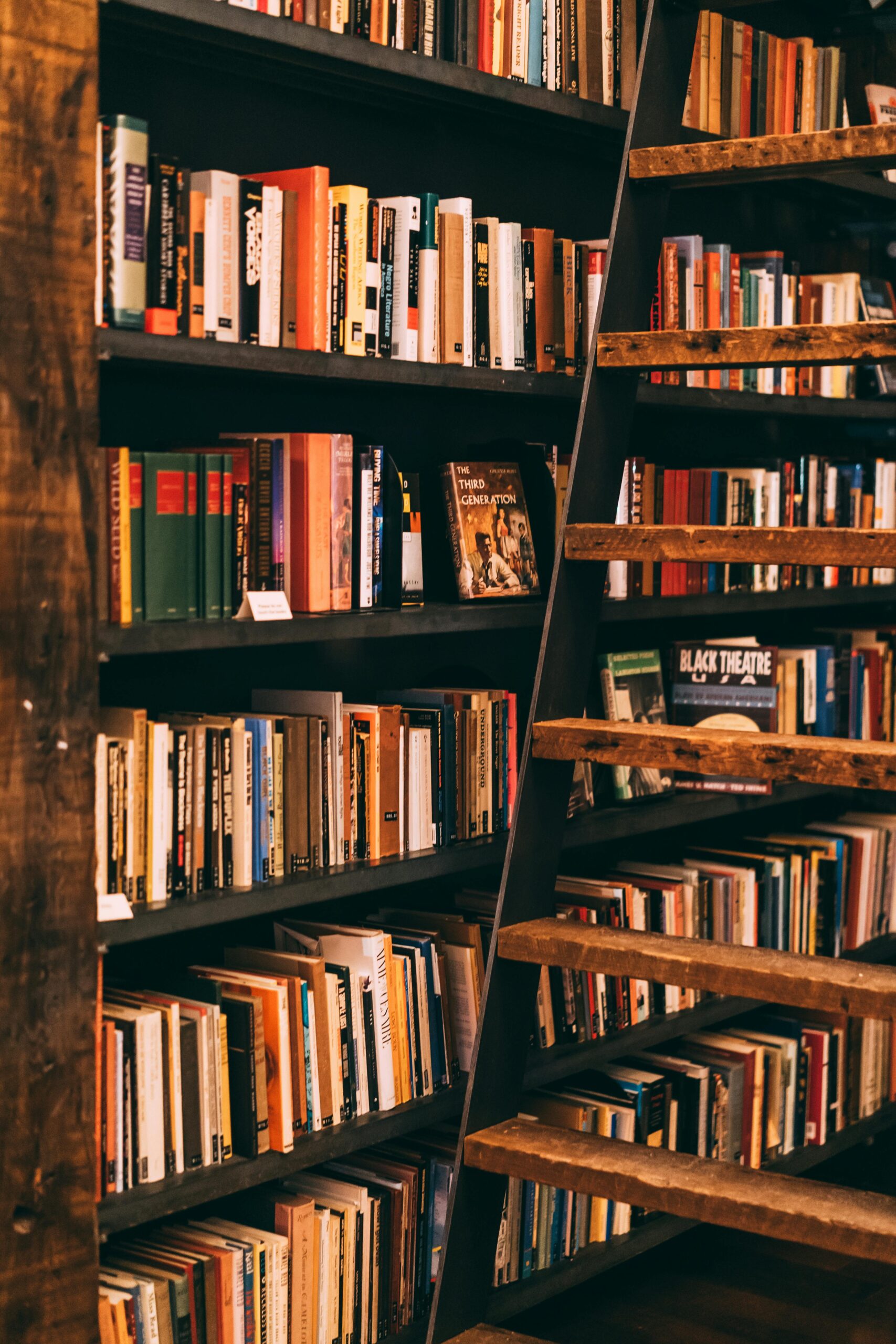 Warm, inviting library scene featuring wooden shelves filled with colorful books and a rustic ladder.